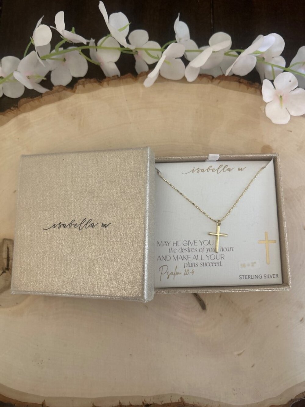 Isabella M Gold-Tone Sterling Silver Cross Necklace Psalm 20:4 Gift Box